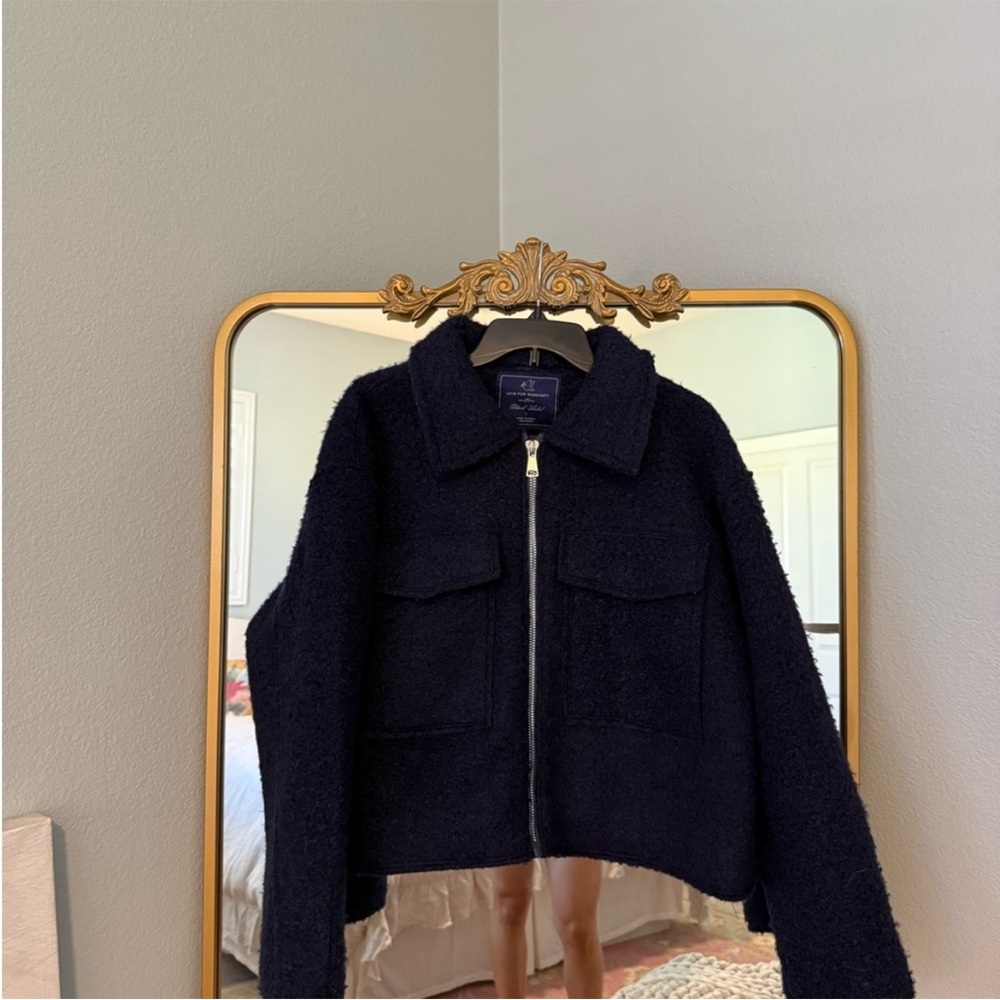 Navy Blue Textured Bomber Jacket